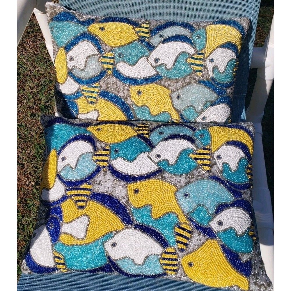 Lot Of 2: Pier 1 Handmade Fish Beaded Decorative Pillows Teal Blue Life Aquatic